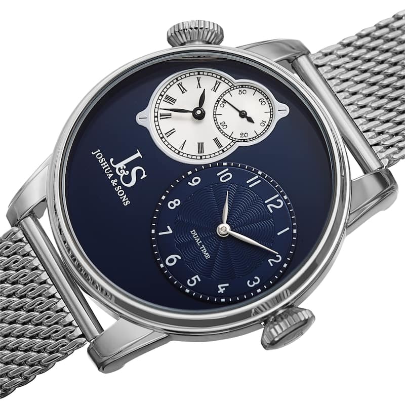 Joshua & Sons Men's Dual Time Stainless Steel Mesh Strap Watch - Silver