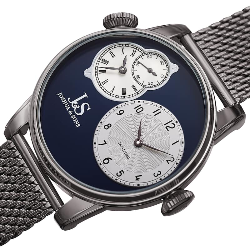 Joshua & Sons Men's Dual Time Stainless Steel Mesh Strap Watch - Grey