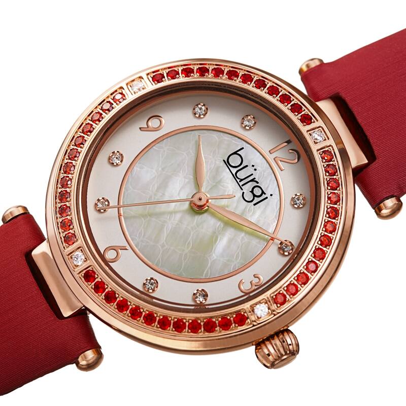 Burgi Women's Colored Crystal Fashion Satin Leather Strap Watch - Red
