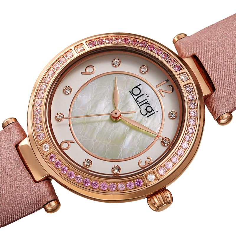 Burgi Women's Colored Crystal Fashion Satin Leather Strap Watch - Pink