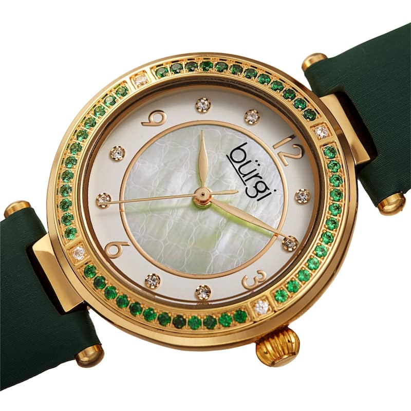 Burgi Women's Colored Crystal Fashion Satin Leather Strap Watch - Green