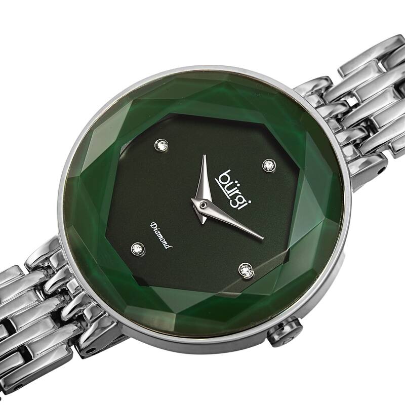 Burgi Women's Chic Diamond Hexagonal Faceted Crystal Link Bracelet Watch - Silver/Green