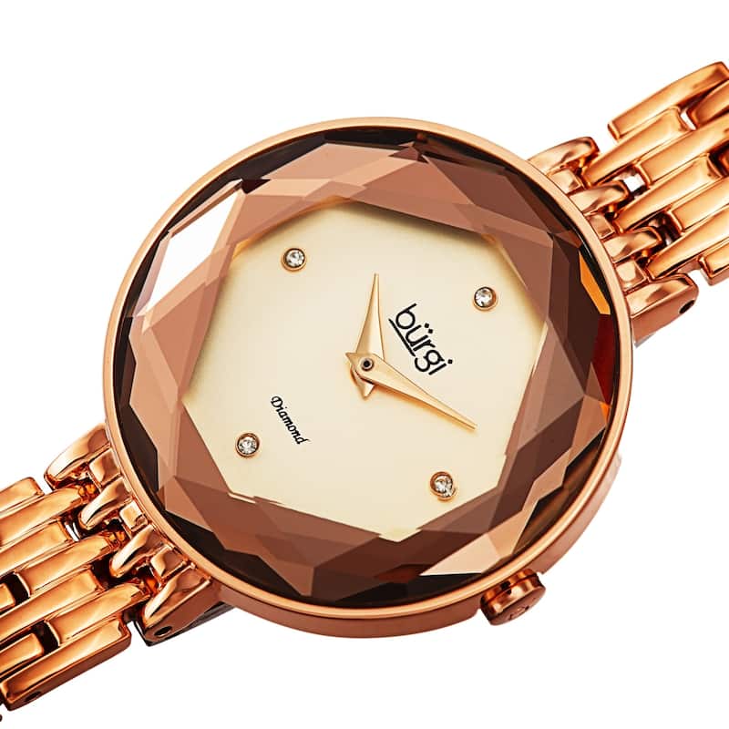 Burgi Women's Chic Diamond Hexagonal Faceted Crystal Link Bracelet Watch - Rose