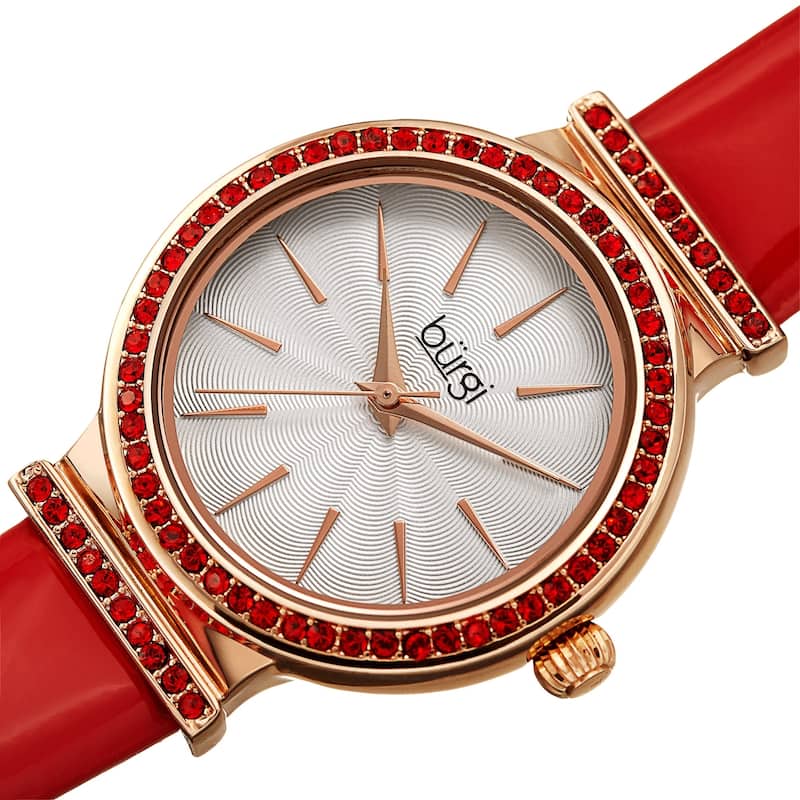 Burgi Women's Dazzling Chic Swarovski Crystal Leather Strap Watch - Red