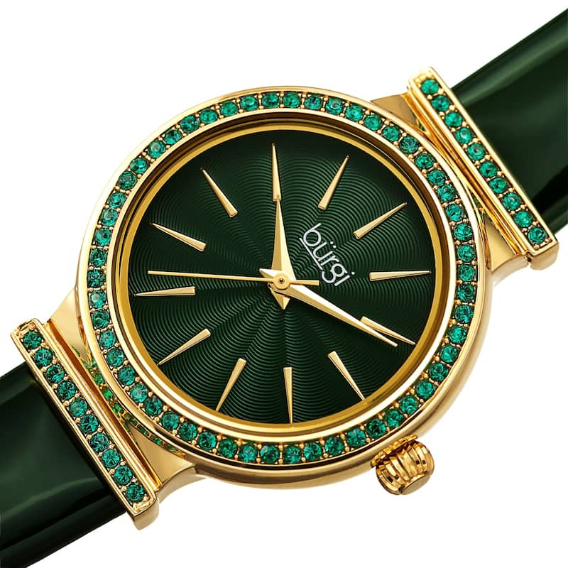 Burgi Women's Dazzling Chic Swarovski Crystal Leather Strap Watch - Green