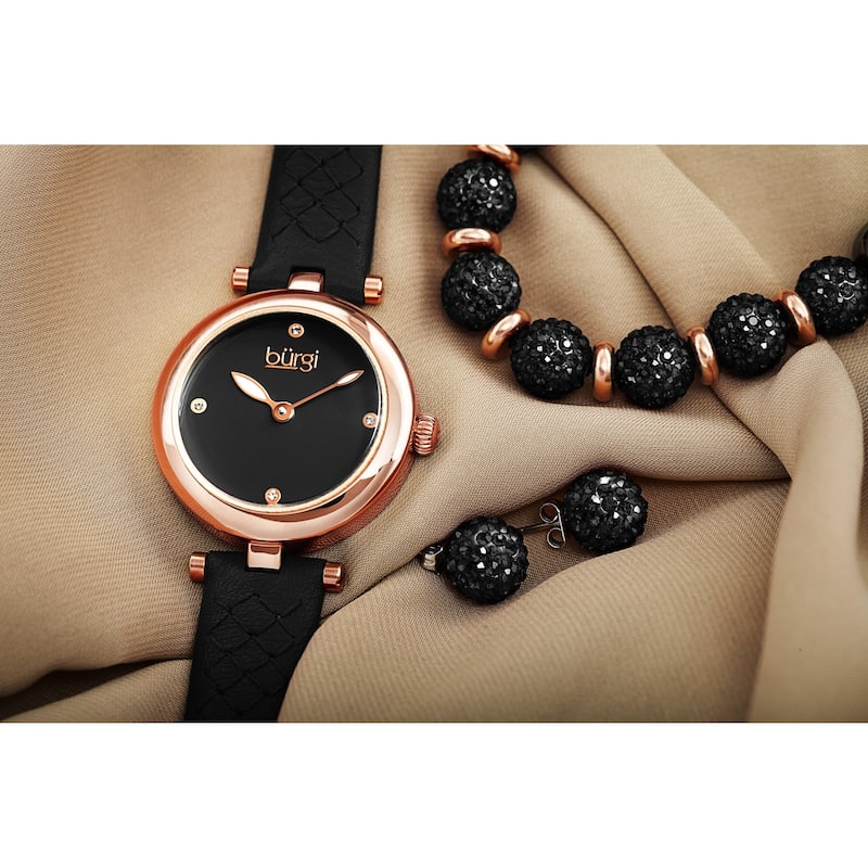 Burgi Women's Earrings, Crystal Bracelet, Diamond Argyle Watch Fashion Gift Set - Black