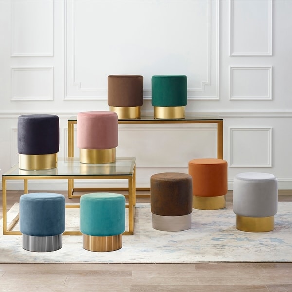 Art-Leon Round Velvet Ottoman Upholstered with Plating Metal Hemming
