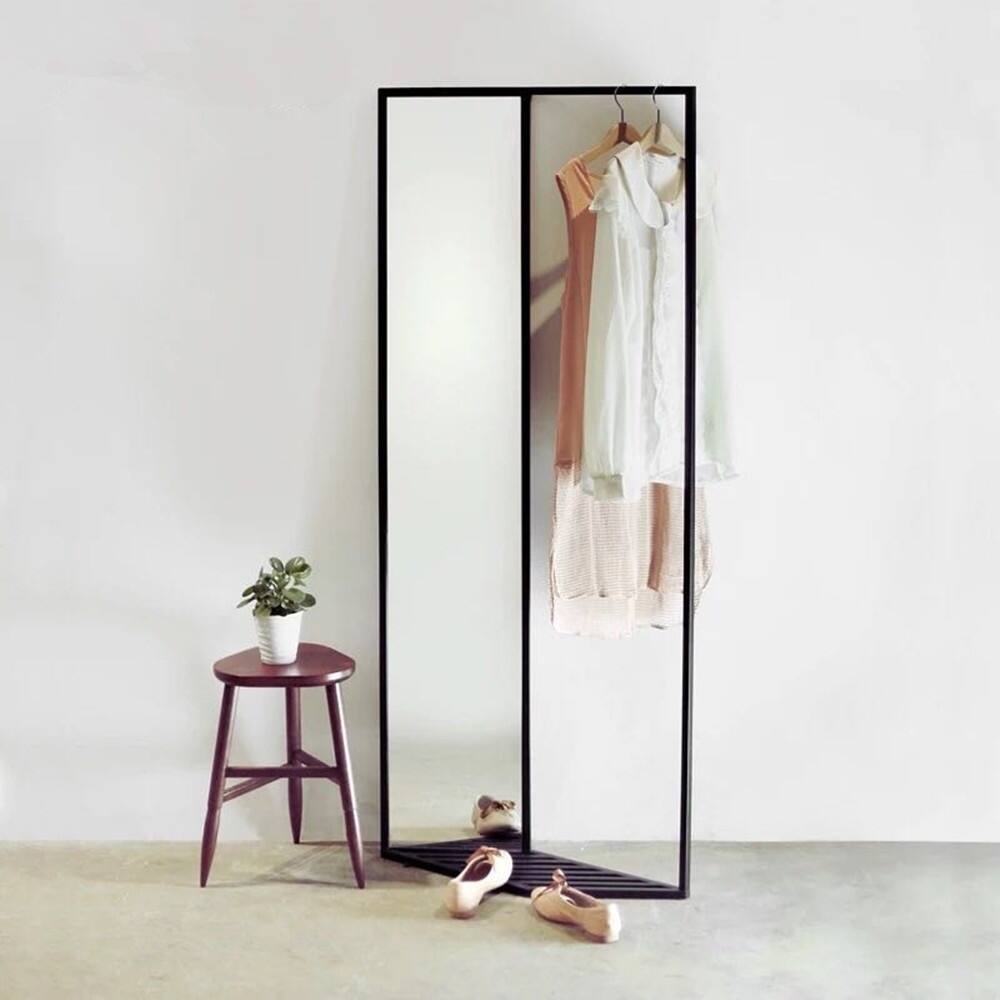 Art-Leon Full Length Floor Mirror with Clothes Rack & Shoes Holder Three in One - Black