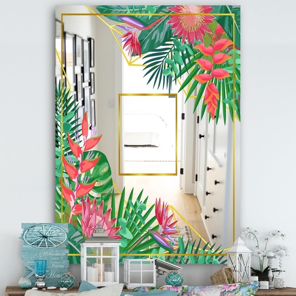 Designart 'Efflorescent Gold Pink 14' Cabin and Lodge Mirror - Vanity Mirror - Green
