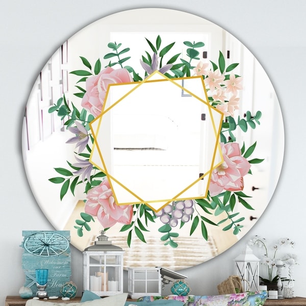 Designart 'Efflorescent Gold Pink 2' Cabin and Lodge Mirror - Oval or Round Mirror