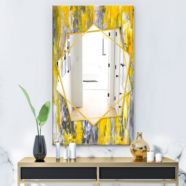 Designart 'Grey and Yellow Abstract Pattern' Modern Mirror - Frameless Contemporary Wall Mirror - Grey