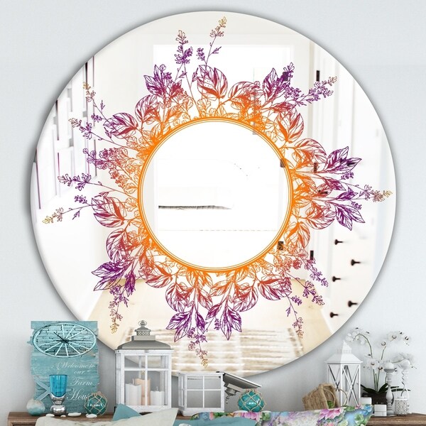 Designart 'Purple and Orange Leaves' Farmhouse Mirror - Frameless Round Oval Wall Mirror - Purple