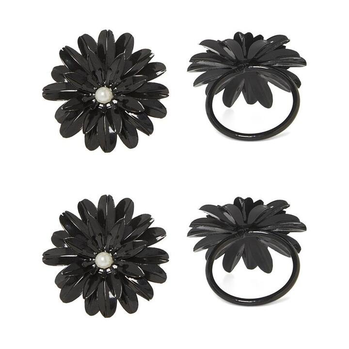 Flower Napkin Rings Set of 4 with Pearl - Black