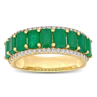 Miadora 14k Yellow Gold Octagon-Cut Emerald and 1/3ct TDW Diamond Anniversary Band Ring
