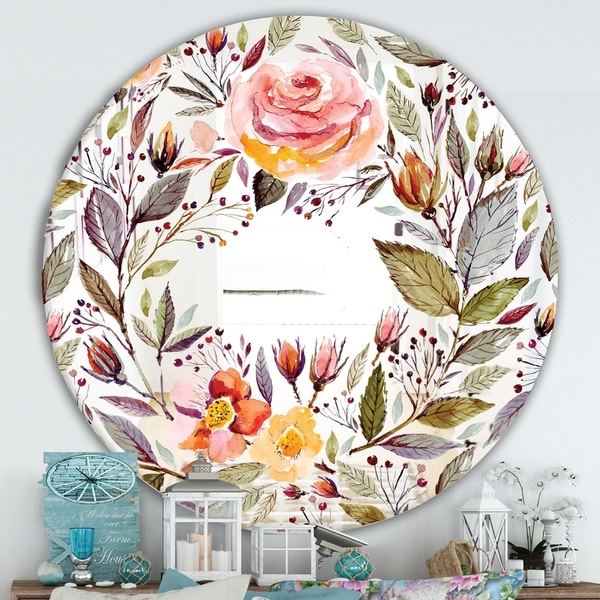 Designart 'Floral Pastel' Cabin and Lodge Mirror - Oval or Round Wall Mirror - Pink
