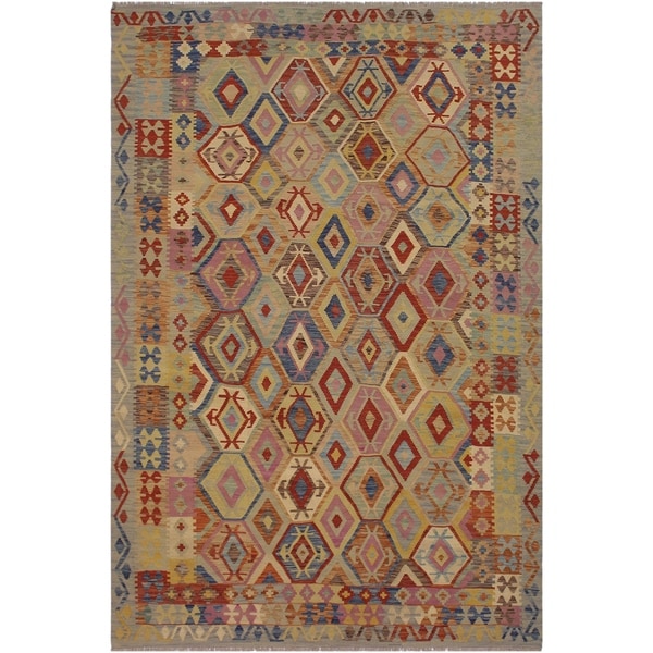 Kilim Terence Blue/Tan Hand-Woven Wool Rug -6'8 x 9'3 - 6'8" x 9'3"