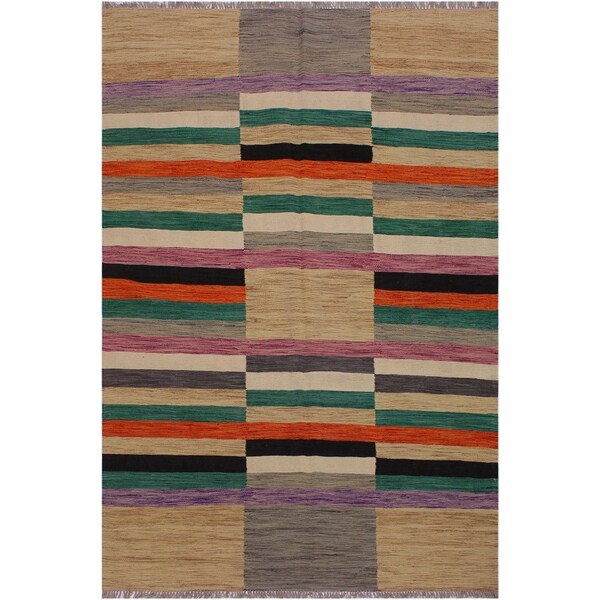 Kilim Amado Tan/Ivory Hand-Woven Wool Rug -5'6 x 7'7 - 5'6" x 7'7"