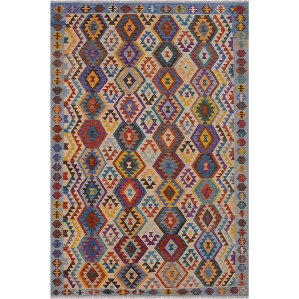 Kilim Illyria Gray/Blue Hand-Woven Wool Rug -6'9 x 9'8 - 6'9" x 9'8"