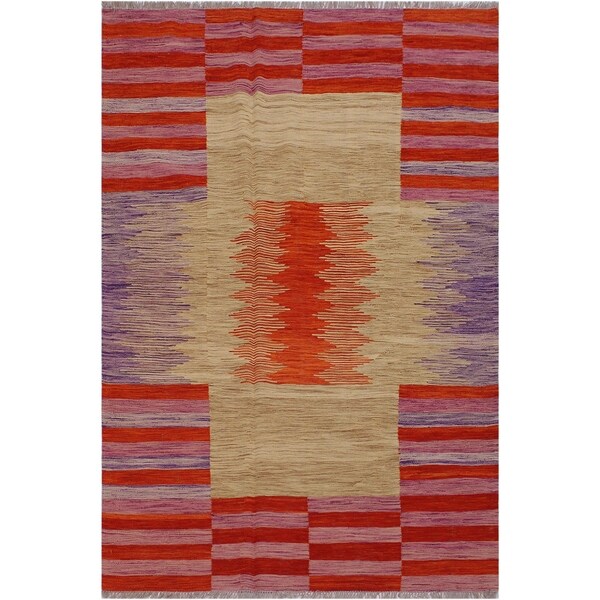 Kilim Amira Rust/Purple Hand-Woven Wool Rug -5'6 x 7'9 - 5'6" x 7'9"