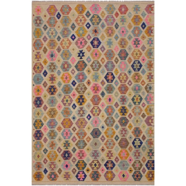 Kilim Nathania Ivory/Blue Hand-Woven Wool Rug -5'10 x 8'5 - 5'10" x 8'5"