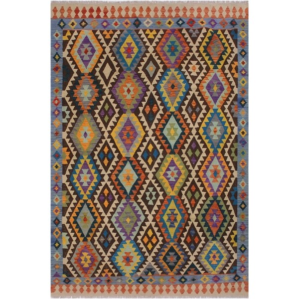 Kilim Neirin Beige/Blue Hand-Woven Wool Rug -5'8 x 8'3 - 5'8" x 8'3"