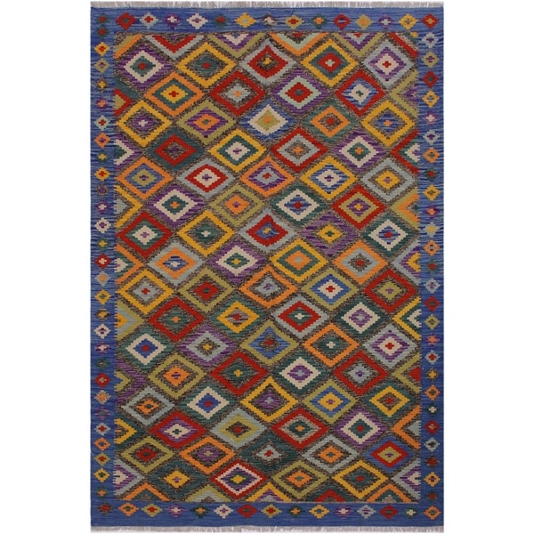 Kilim Mariano Gray/Blue Hand-Woven Wool Rug -5'6 x 8'1 - 5'6" x 8'1"