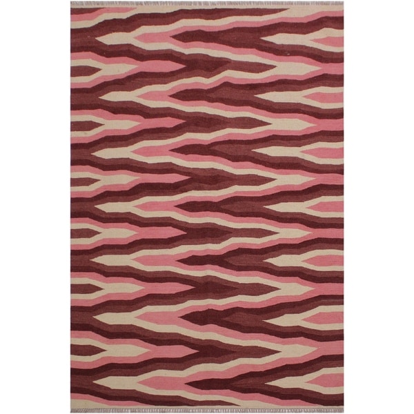 Kilim Swartz Ivory/Pink Hand-Woven Wool Rug -4'3 x 6'1 - 4'3" x 6'1"