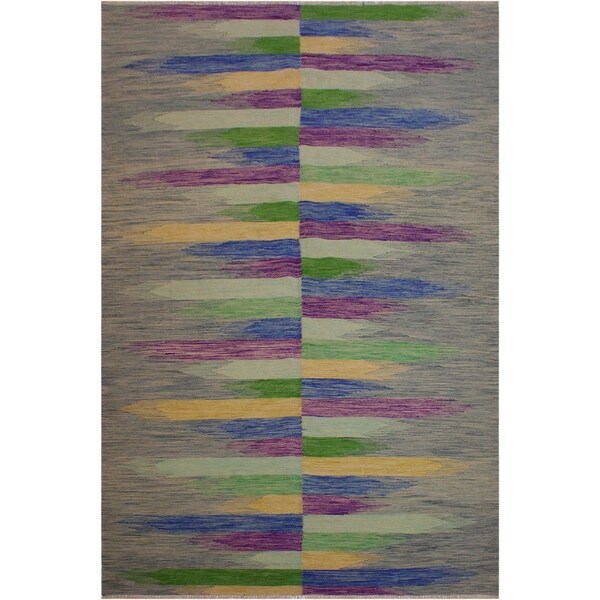 Kilim Shore Grey/Purple Hand-Woven Wool Rug -6'8 x 9'10 - 6'8" x 9'10"