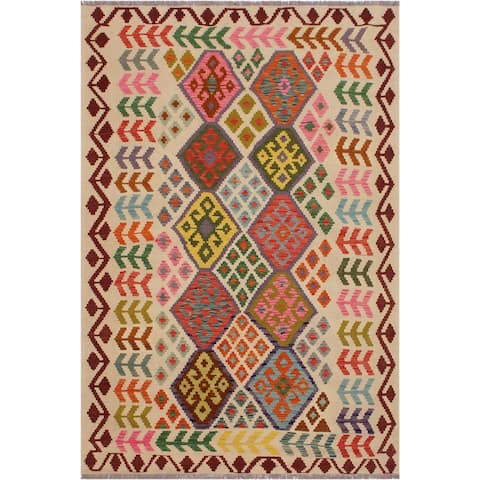 Kilim Santos Ivory/Red Hand-Woven Wool Rug -5'9 x 7'6 - 5'9" x 7'6"