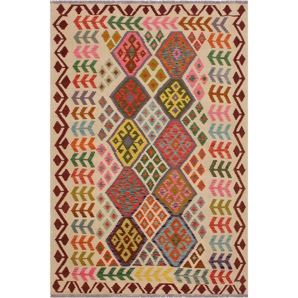 Kilim Santos Ivory/Red Hand-Woven Wool Rug -5'9 x 7'6 - 5'9" x 7'6"