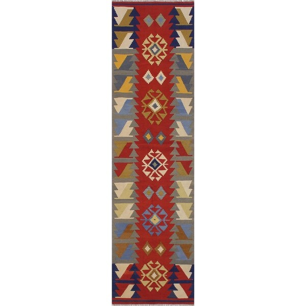 Kilim Jane Gray/Blue Hand-Woven Wool Runner- 3'0 x 9'10 - 3'0" x 9'10"