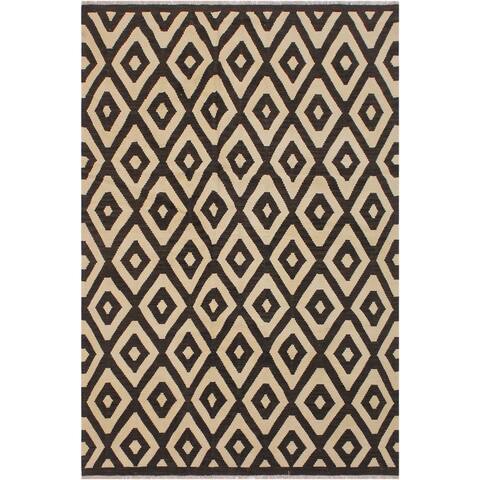 Kilim Carman Black/Ivory Hand-Woven Wool Rug -5'10 x 7'7 - 5'10" x 7'7"
