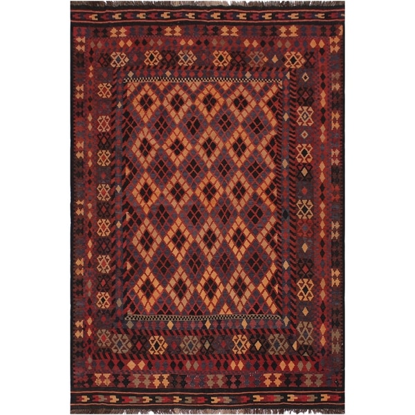 Kilim Chance Red/Tan Hand-Woven Wool Rug -6'5 x 9'1 - 6'5" x 9'1"