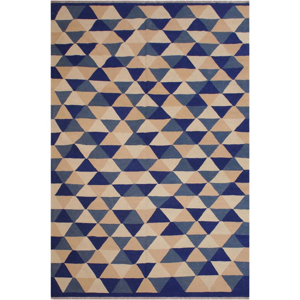 Kilim Sweet Ivory/Blue Hand-Woven Wool Rug -6'4 x 8'9 - 6'4" x 8'9"