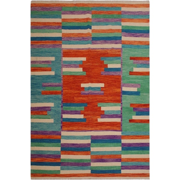 Kilim Snead Orange/Green Hand-Woven Wool Rug -6'7 x 9'11 - 6'7" x 9'11"