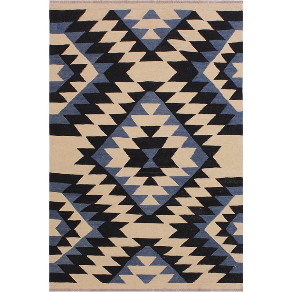 Kilim Shorter Ivory/Black Hand-Woven Wool Rug -3'2 x 5'1 - 3'2" x 5'1"