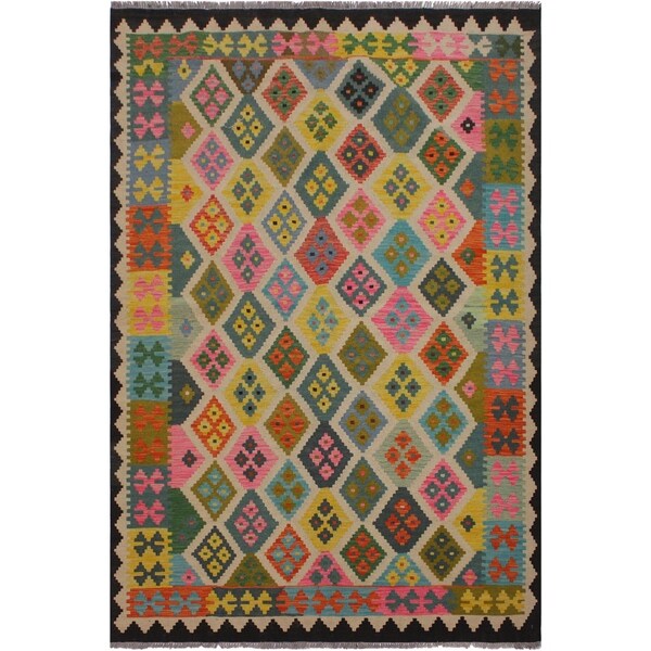 Kilim Sandlin Black/Ivory Hand-Woven Wool Rug -5'9 x 8'0 - 5'9" x 8'0"