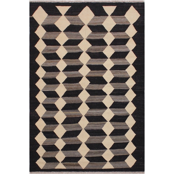 Kilim Simons Black/Ivory Hand-Woven Wool Rug -5'3 x 6'6 - 5'3" x 6'6"