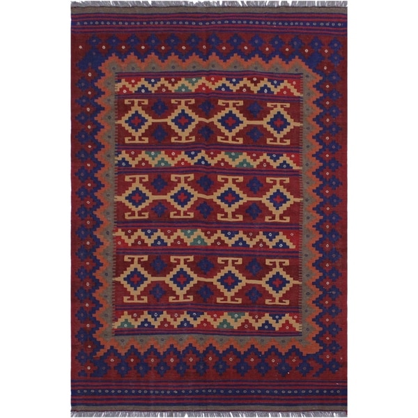 kilim Millicen Red/Blue Hand-Woven Wool Rug(4'5 x 7'3 - 4'5" x 7'3"