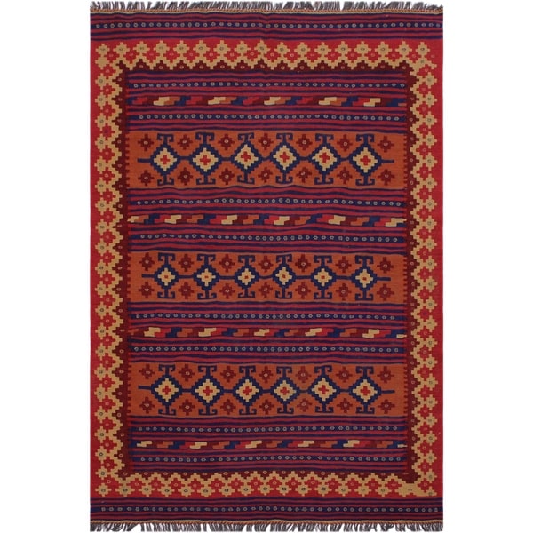 kilim Kimberle Red/Blue Hand-Woven Wool Rug(5'5 x 7'10 - 5'5" x 7'10"