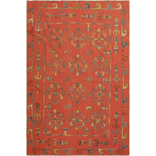 Embroidered Ikat Kilim Pink/Blue Wool Rug- 6'0 x 7'5 - 6'0" x 7'5"