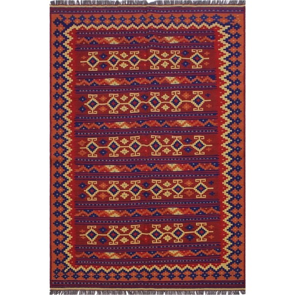 kilim Kathelee Red/Blue Hand-Woven Wool Rug(6'2 x 9'8 - 6'2" x 9'8"