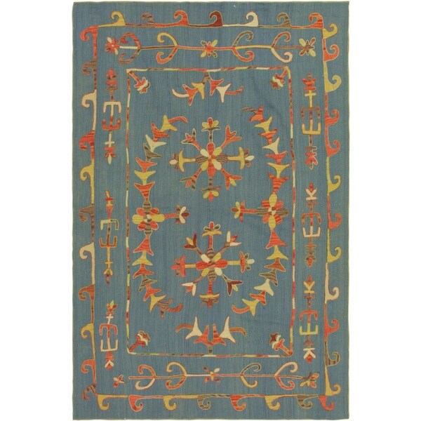 Embroidered Ikat Kilim Cooley Blue/Rust Wool Rug- 5'8 x 7'9 - 5'8" x 7'9"