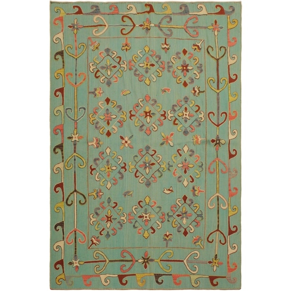 Embroidered Ikat Kilim Cooke Green/Pink Wool Rug- 5'9 x 7'8 - 5'9" x 7'8"