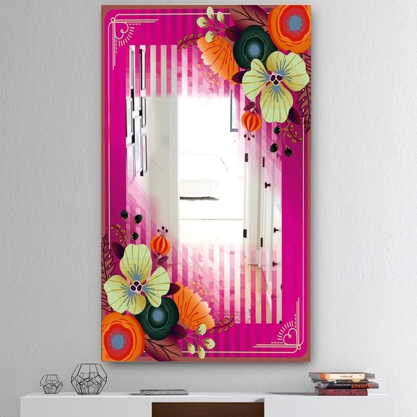 Designart 'Fuschia Border and Flowers' Mid-Century Mirror - Wall Mirror - Pink