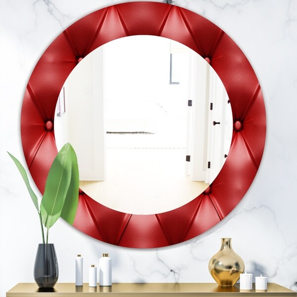 Designart 'Leather Print III' Modern Mirror - Frameless Oval or Round Wall Mirror - Red