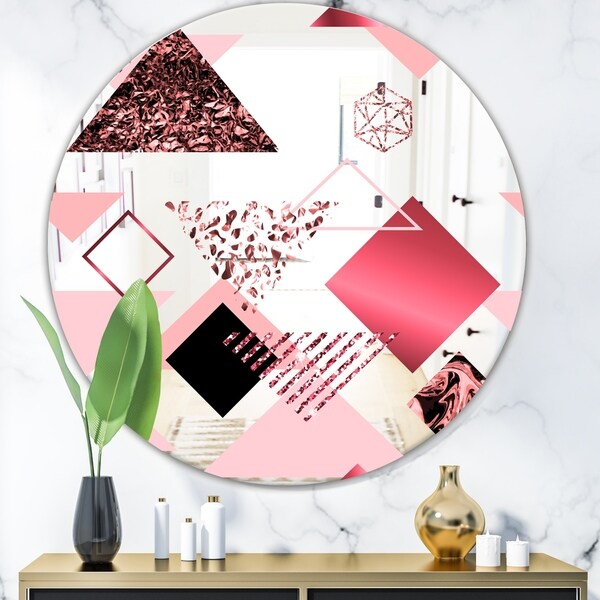Designart 'Triangular Spacy Spheres 3' Mid-Century Mirror - Oval or Round Decorative Mirror - Pink