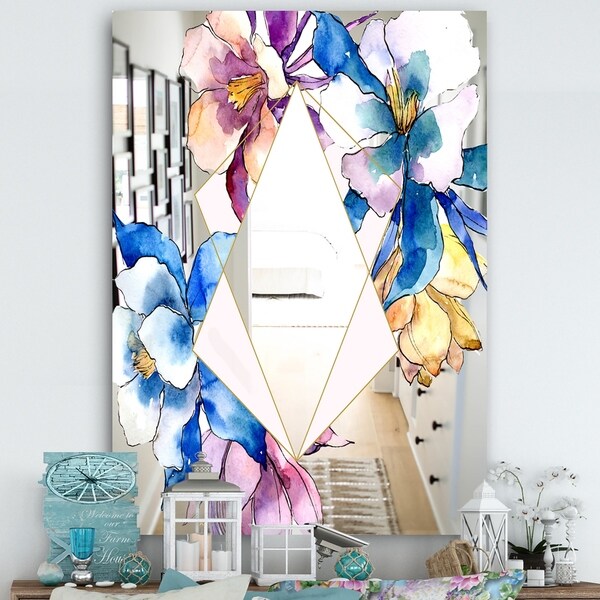 Designart 'Efflorescent Gold Blue 1' Farmhouse Mirror - Wall Mirror - Multi