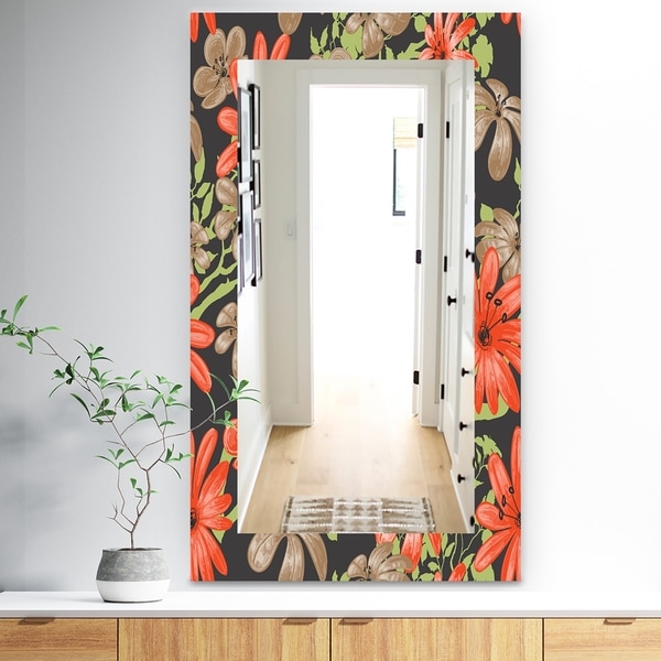 Designart 'Red and Brown Flowers With Of Green Branches' Traditional Mirror - Frameless Wall Mirror - Red