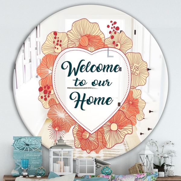 Designart 'Welcome To Our Home. Pink Flower Heart' Cabin and Lodge Entrance Mirror - Round Wall Mirror for Entrance - Multi
